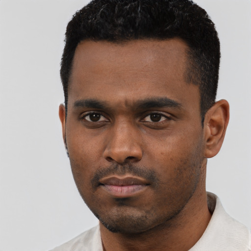 Neutral black young-adult male with short  black hair and brown eyes
