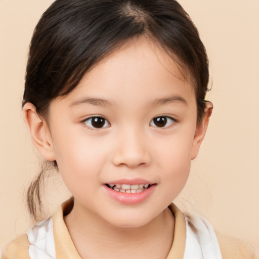 Joyful white child female with medium  brown hair and brown eyes