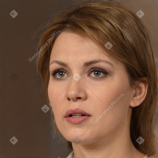 Neutral white young-adult female with medium  brown hair and brown eyes