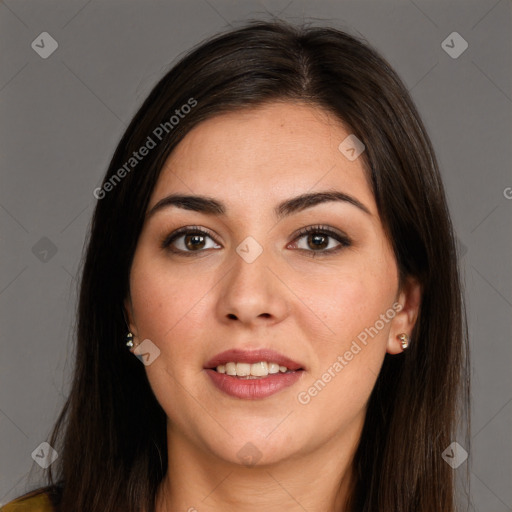 Joyful white young-adult female with long  brown hair and brown eyes