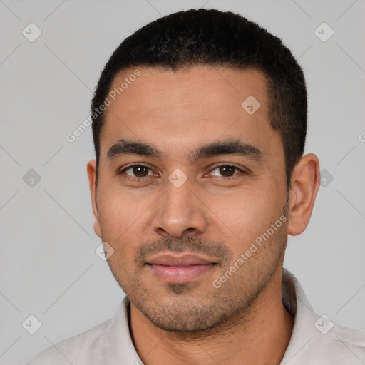 Neutral latino young-adult male with short  black hair and brown eyes