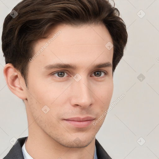 Neutral white young-adult male with short  brown hair and grey eyes