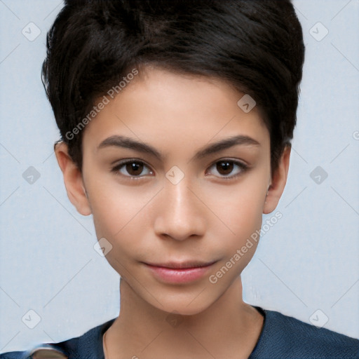 Neutral white young-adult female with short  brown hair and brown eyes