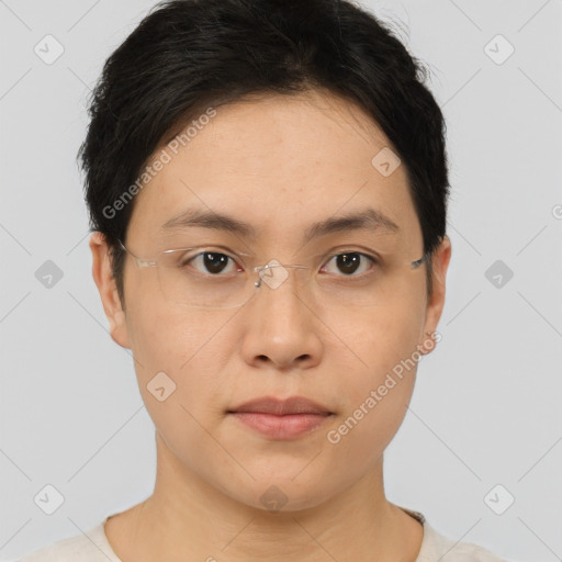 Neutral asian young-adult female with short  brown hair and brown eyes