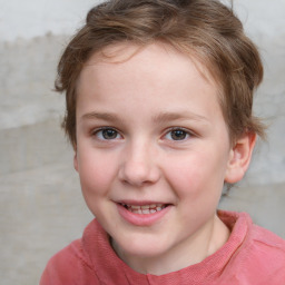 Joyful white child female with medium  brown hair and blue eyes