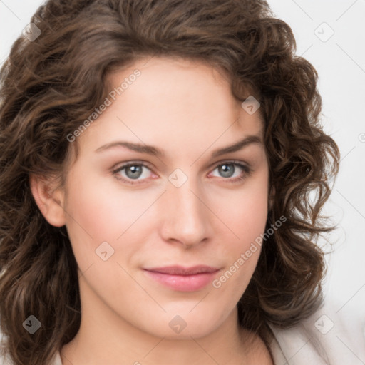 Joyful white young-adult female with medium  brown hair and green eyes