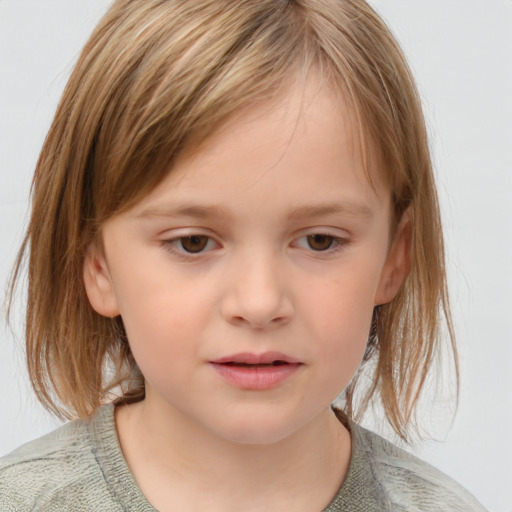 Neutral white child female with medium  brown hair and blue eyes