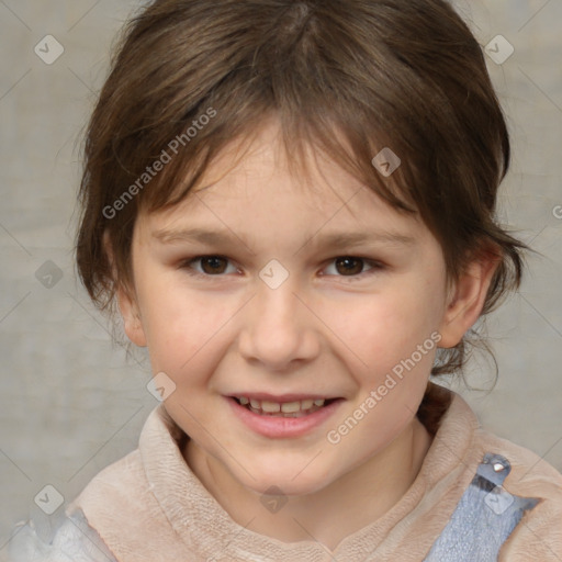 Joyful white child female with medium  brown hair and brown eyes