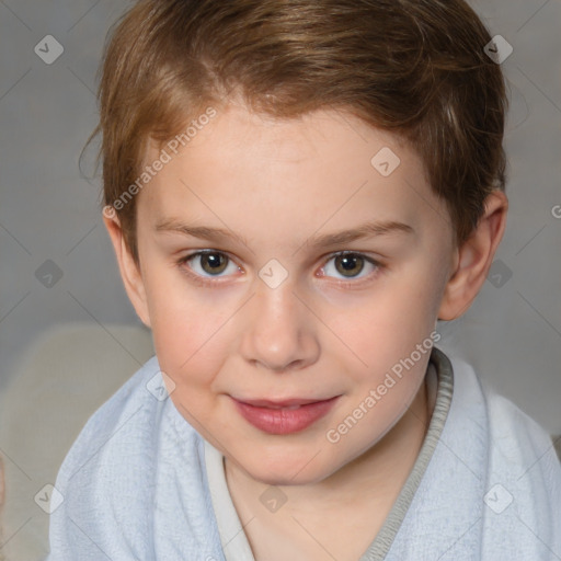 Joyful white child female with short  brown hair and brown eyes