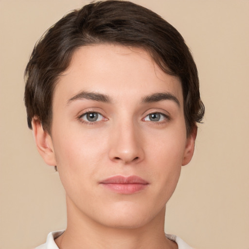 Neutral white young-adult female with short  brown hair and brown eyes