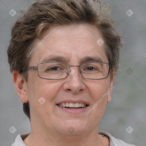 Joyful white adult female with short  brown hair and brown eyes