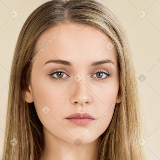 Neutral white young-adult female with long  brown hair and brown eyes