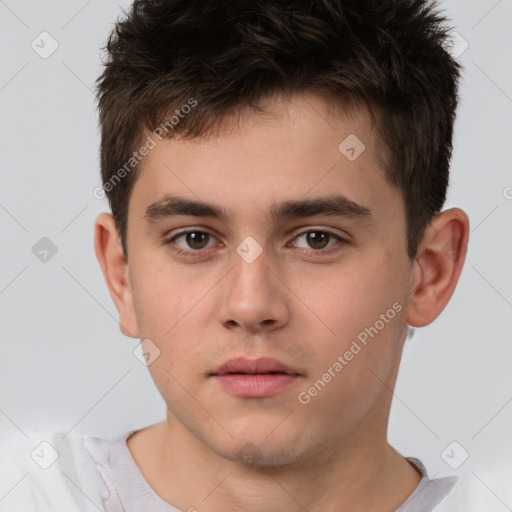 Neutral white young-adult male with short  brown hair and brown eyes