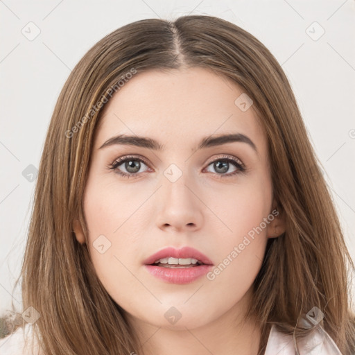 Neutral white young-adult female with long  brown hair and brown eyes