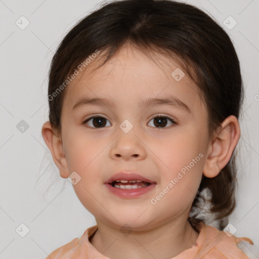 Joyful white child female with medium  brown hair and brown eyes