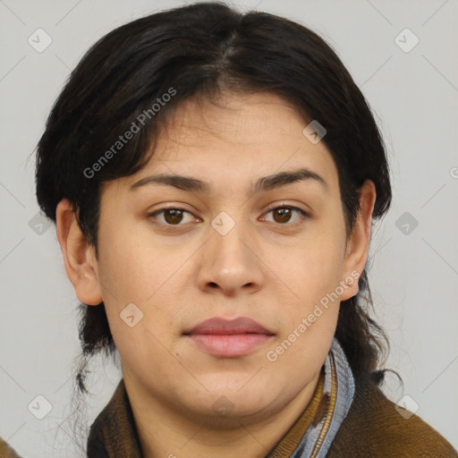 Neutral black young-adult female with medium  brown hair and brown eyes