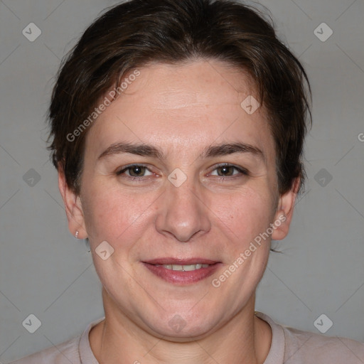 Joyful white adult female with short  brown hair and brown eyes