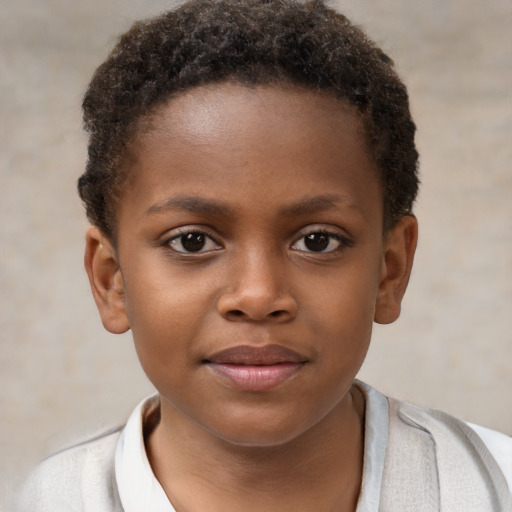 Joyful black child female with short  brown hair and brown eyes