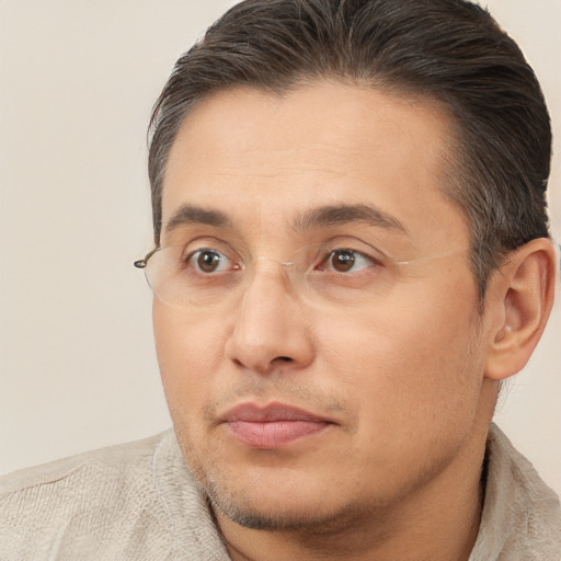 Joyful white adult male with short  brown hair and brown eyes