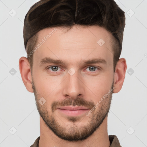 Neutral white young-adult male with short  brown hair and grey eyes