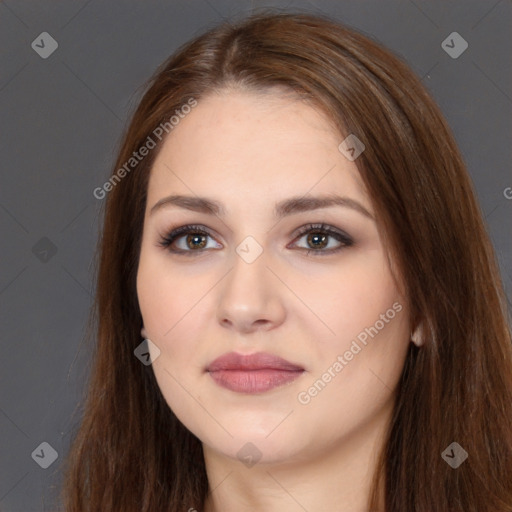 Neutral white young-adult female with long  brown hair and brown eyes