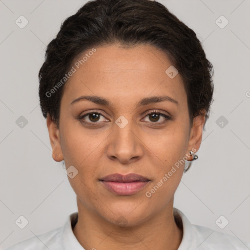 Joyful white adult female with short  brown hair and brown eyes