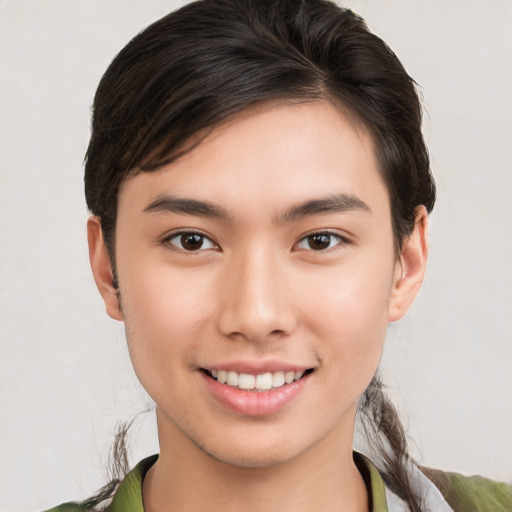 Joyful white young-adult male with medium  brown hair and brown eyes