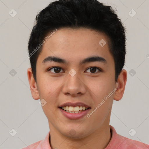 Joyful white young-adult male with short  black hair and brown eyes