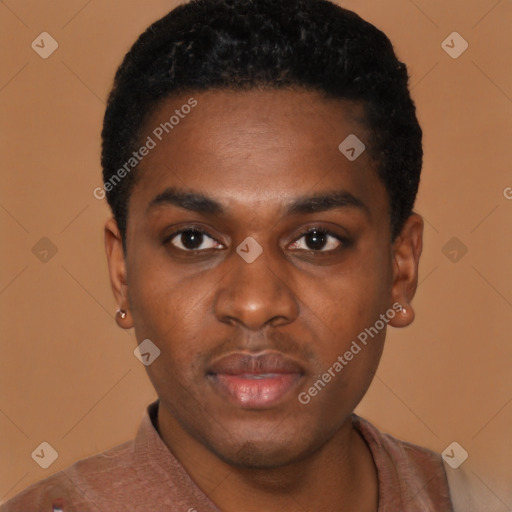 Neutral black young-adult male with short  black hair and brown eyes