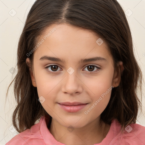 Joyful white child female with medium  brown hair and brown eyes