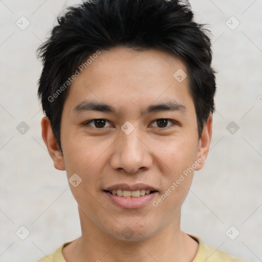 Joyful white young-adult male with short  black hair and brown eyes