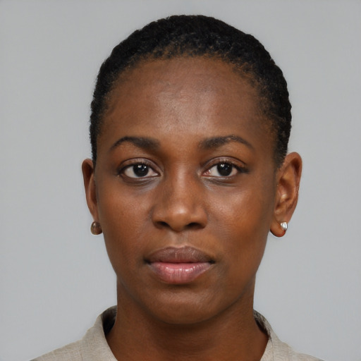 Neutral black young-adult female with short  black hair and brown eyes