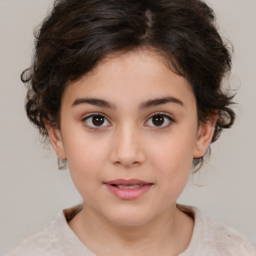 Joyful white child female with medium  brown hair and brown eyes