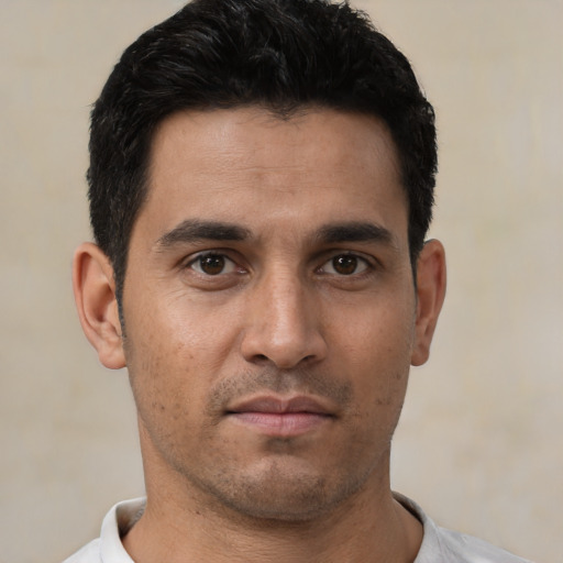 Neutral asian young-adult male with short  black hair and brown eyes