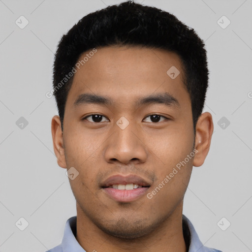 Neutral asian young-adult male with short  black hair and brown eyes