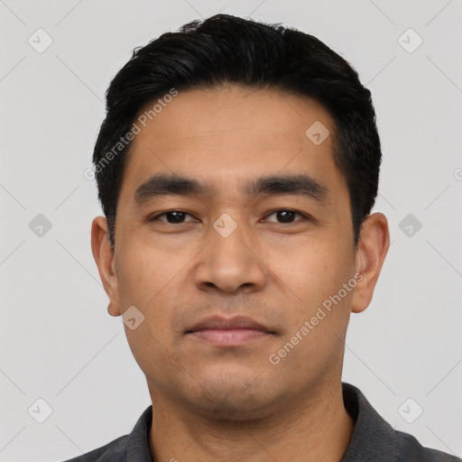 Neutral asian young-adult male with short  black hair and brown eyes