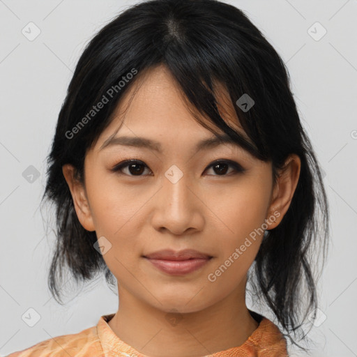 Neutral asian young-adult female with medium  black hair and brown eyes