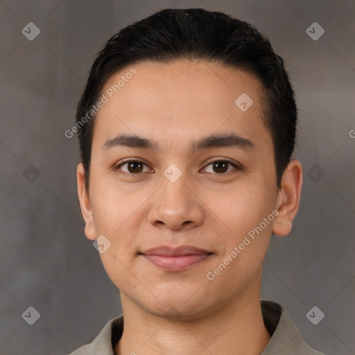 Joyful white young-adult male with short  black hair and brown eyes