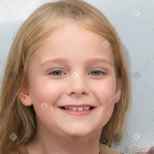 Joyful white child female with medium  brown hair and blue eyes