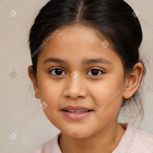 Joyful white child female with medium  brown hair and brown eyes