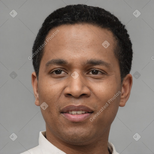 Joyful black young-adult male with short  black hair and brown eyes