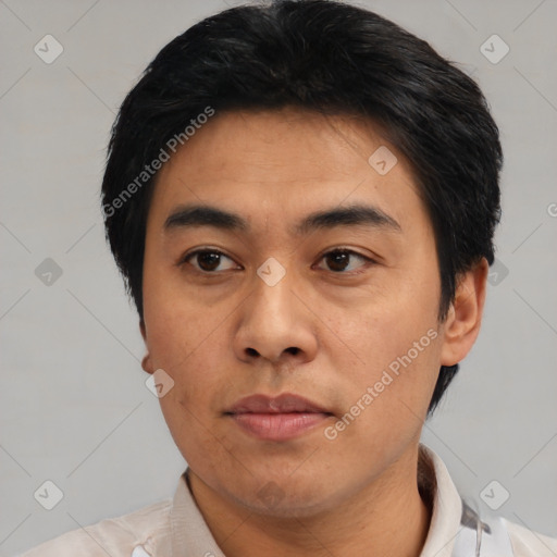 Neutral asian young-adult male with short  black hair and brown eyes