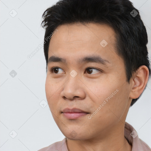 Neutral asian young-adult male with short  black hair and brown eyes