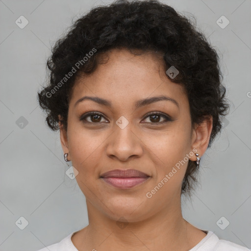 Joyful latino young-adult female with short  brown hair and brown eyes