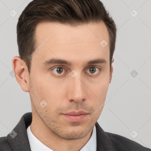 Neutral white young-adult male with short  brown hair and brown eyes