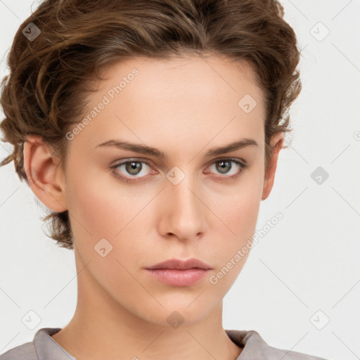 Neutral white young-adult female with short  brown hair and brown eyes