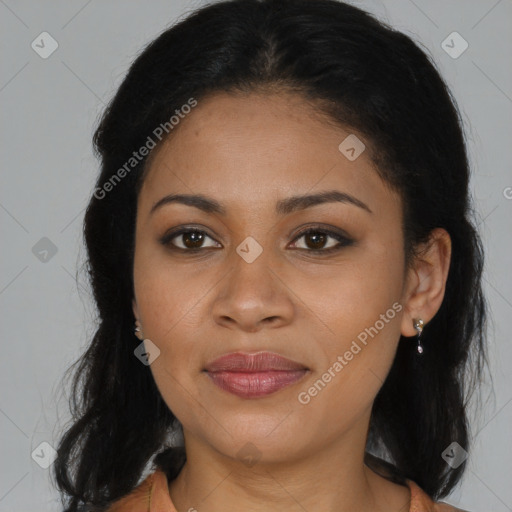 Joyful latino young-adult female with long  brown hair and brown eyes