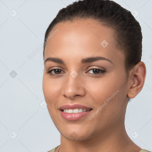 Joyful white young-adult female with short  brown hair and brown eyes