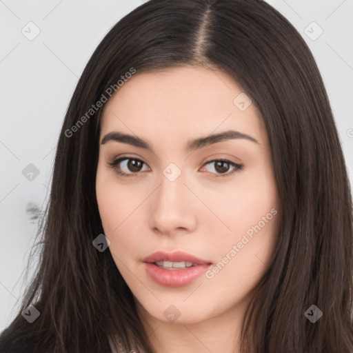 Neutral white young-adult female with long  brown hair and brown eyes