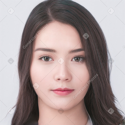 Neutral white young-adult female with long  brown hair and brown eyes
